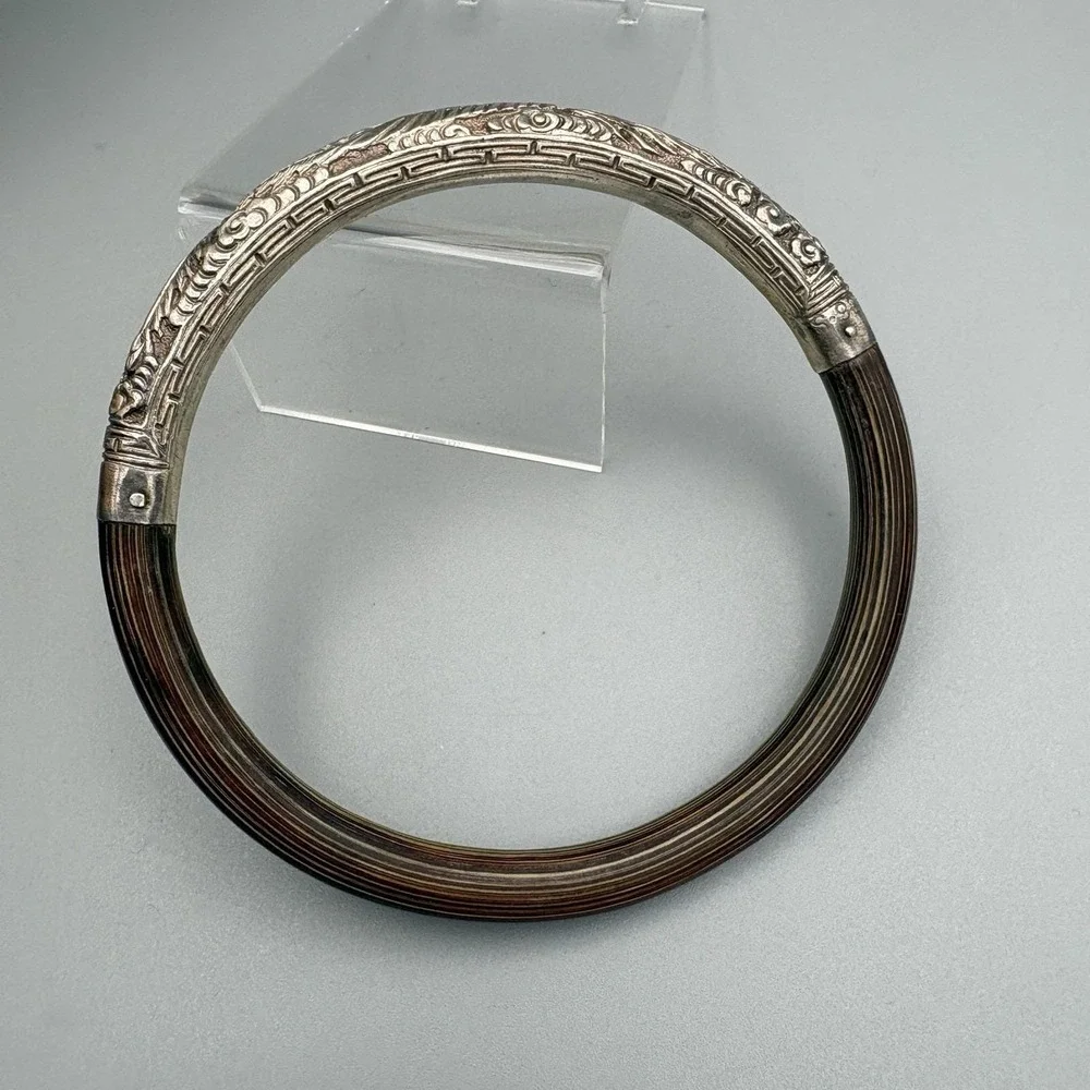 Vintage Chinese Silver Bangle Rattan Phoenix Bamboo Wood 8.25